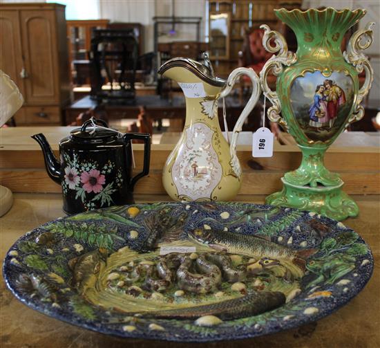 Palissy style dish, a teapot, a chinoiserie jug based inscribed James Dixon & Sons, Sheffield and a Continental green ground vase